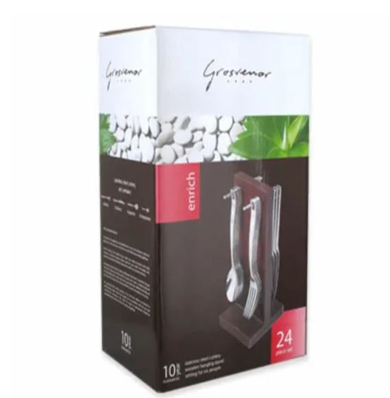Grosvenor Enrich 24 Piece Stainless Steel Cutlery Set on Brown Wooden Stand