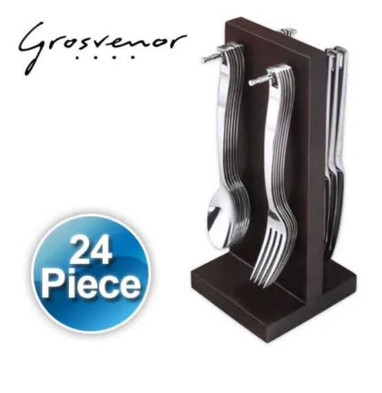 Grosvenor Enrich 24 Piece Stainless Steel Cutlery Set on Brown Wooden Stand