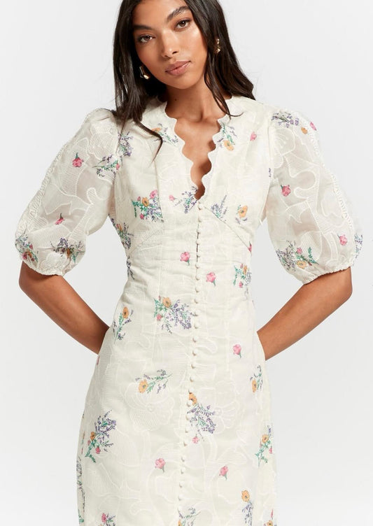 Y.A.S Women’s Floral Midi Dress – V-Neck, Scalloped Hem, Button Detail