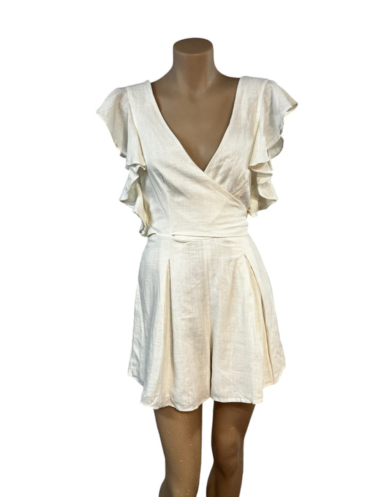Ruffled Sleeves Linen Blend Clothes for Women – White | Jumpsuit | V-Neck | Size 6