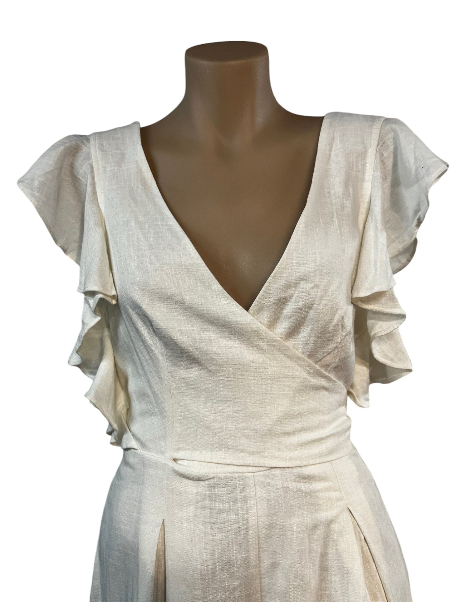 Ruffled Sleeves Linen Blend Clothes for Women – White | Jumpsuit | V-Neck | Size 6