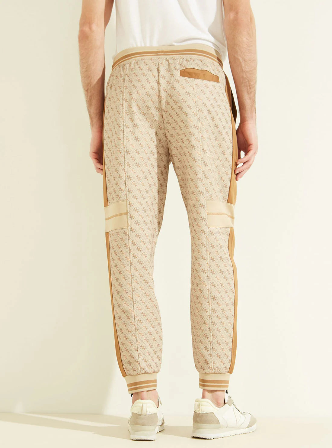 GUESS Track Pants Polyester Blend Pants for Men – Beige Blanco | With Allover Quattro G Logo | Size XL