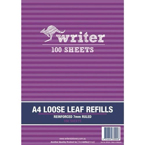 Writer Binder Refills A4 7mm Ruled Reinforced 100 Sheets