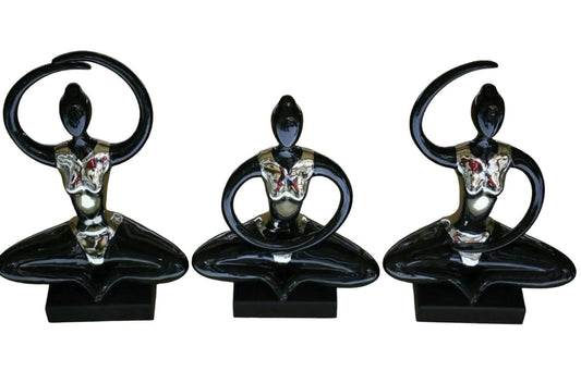 Set of 3 Ballerina Figurines High-Quality Ceramic Home Decor – Black and Silver Glaze | 26 x 13.5 x 38 cm