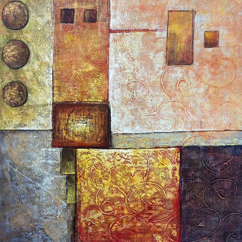 Textured Elegance: Coral Harmony in Gold and Plum Painting High-Quality Oil Home Decor – Multi-Color | Hand-Painted | 81 x 81 cm