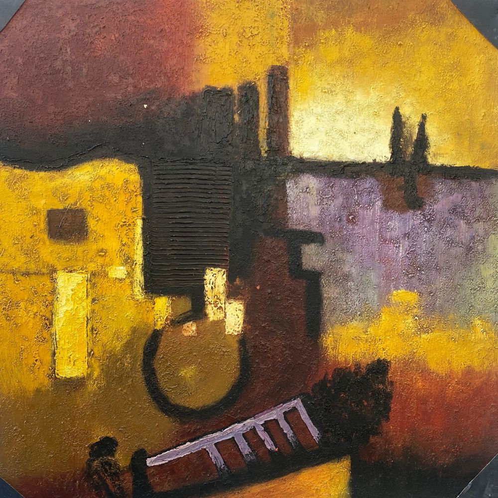 Golden Twilight: Homestead Amongst Nature Painting High-Quality Oil Home Decor – Multi-Color | Hand-Painted | 81 x 81 cm