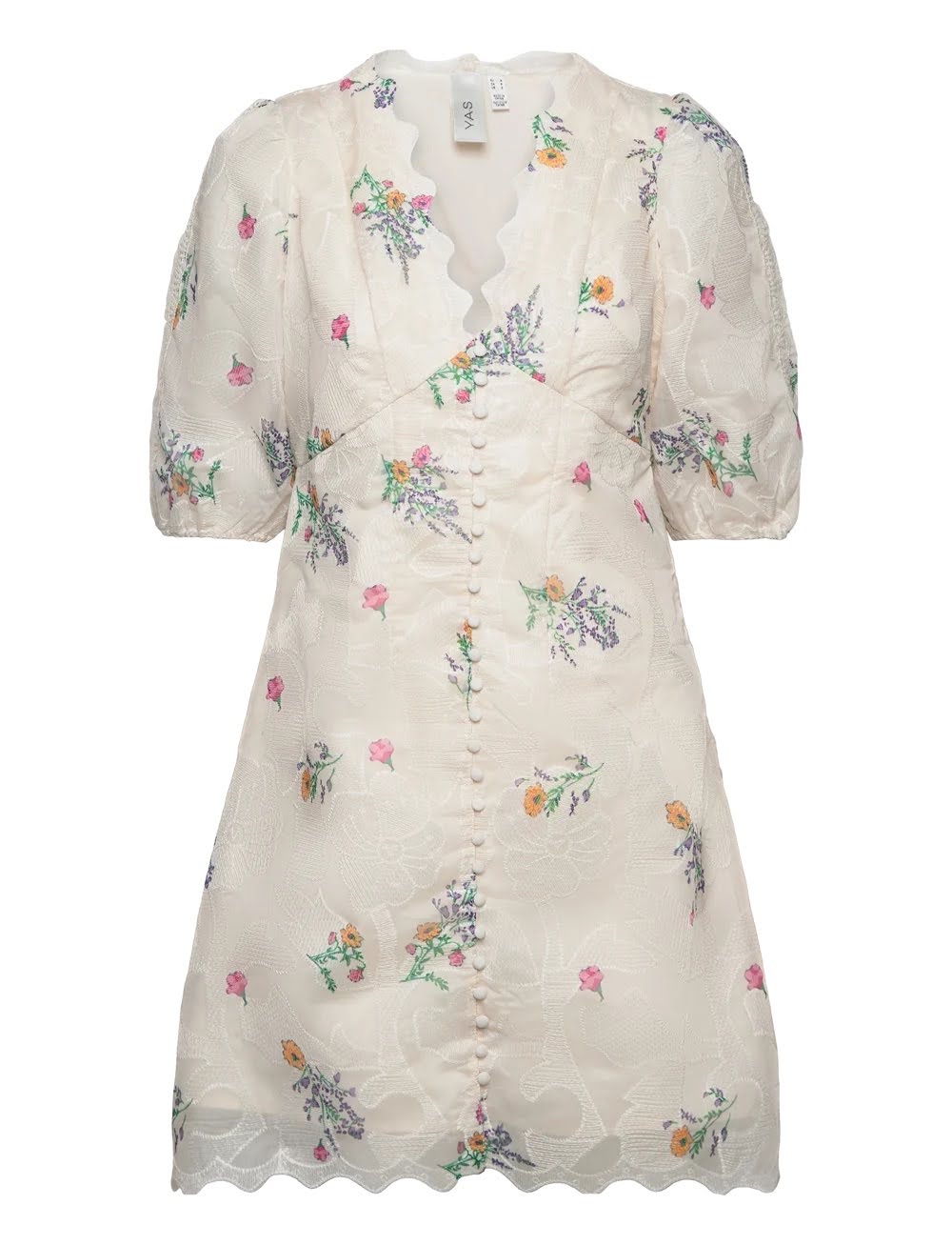 Y.A.S Women’s Floral Midi Dress – V-Neck, Scalloped Hem, Button Detail