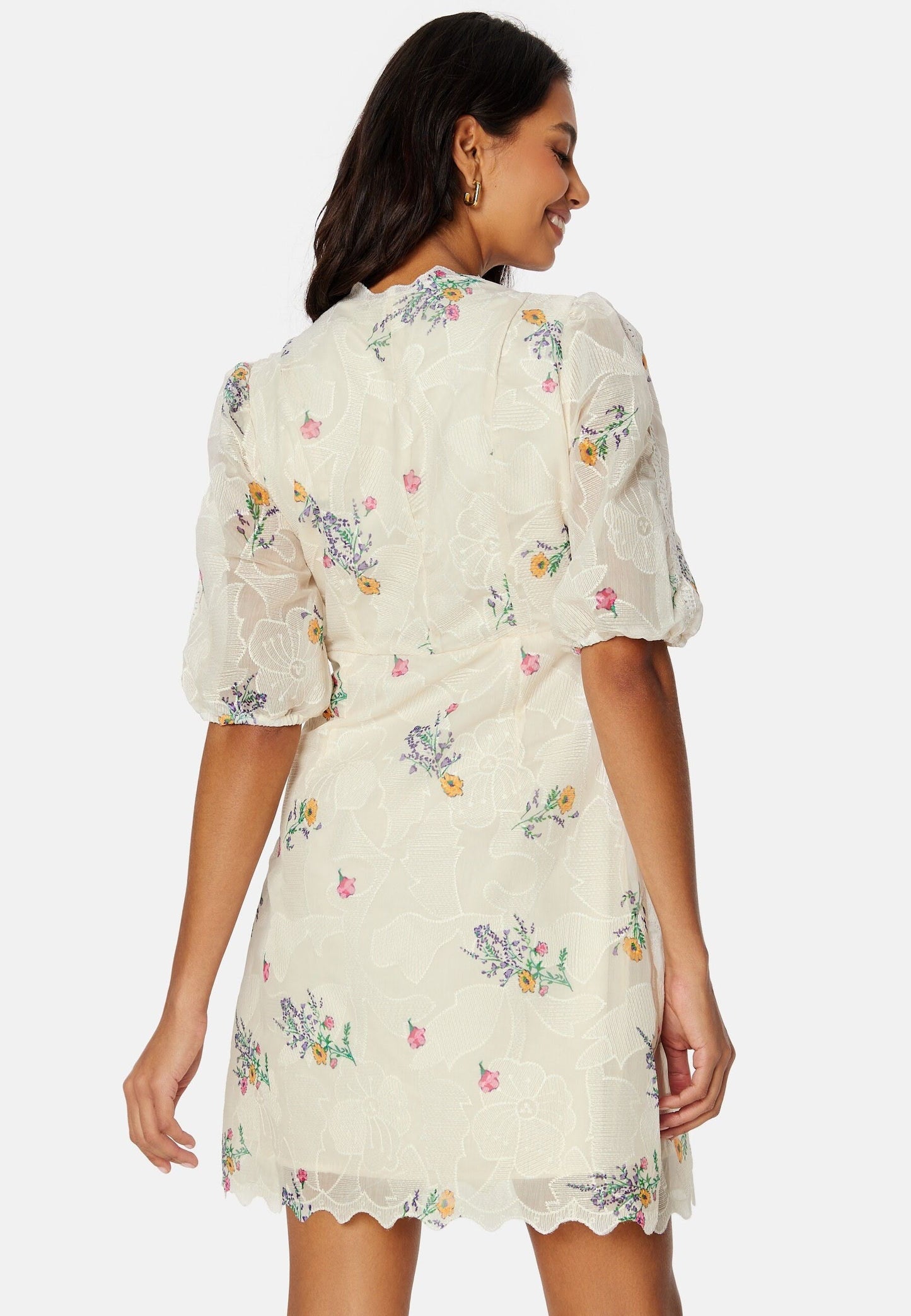 Y.A.S Women’s Floral Midi Dress – V-Neck, Scalloped Hem, Button Detail