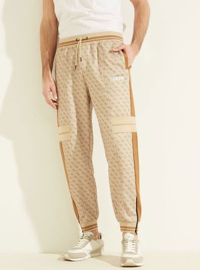 GUESS Track Pants Polyester Blend Pants for Men – Beige Blanco | With Allover Quattro G Logo | Size XL