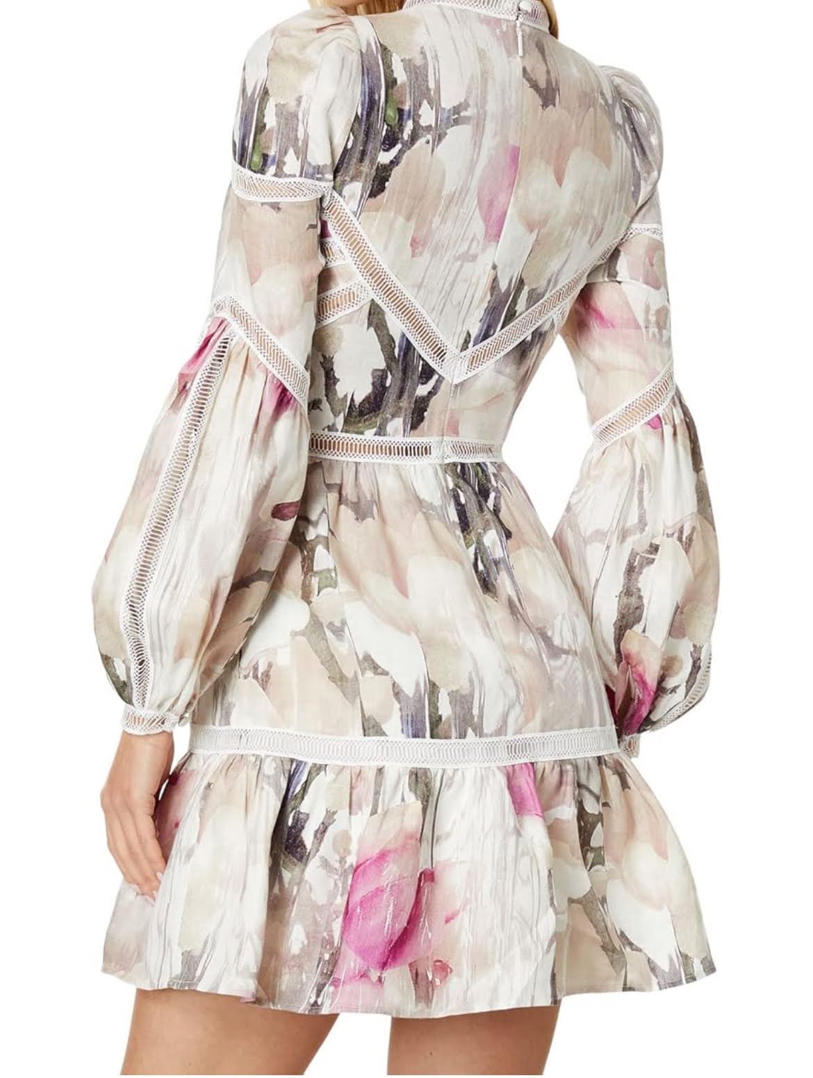 Ted Baker Fleurz Linen Minidress Cotton Blend Clothes for Women – Multi-Colored Floral Print | With Flared Skirt | Size 6