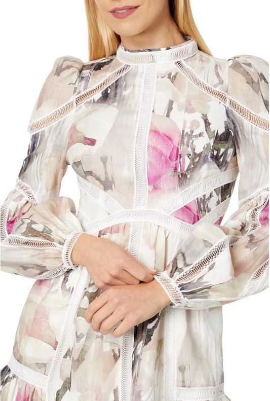 Ted Baker Fleurz Linen Minidress Cotton Blend Clothes for Women – Multi-Colored Floral Print | With Flared Skirt | Size 6