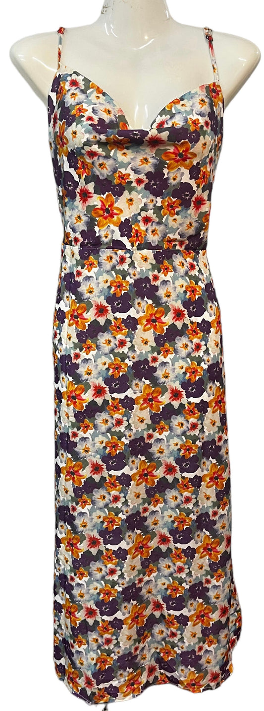 Sleeveless Midi Dress 100% Polyester Clothes for Women – Multi-Colored Floral Print | Spaghetti Straps | Size 10