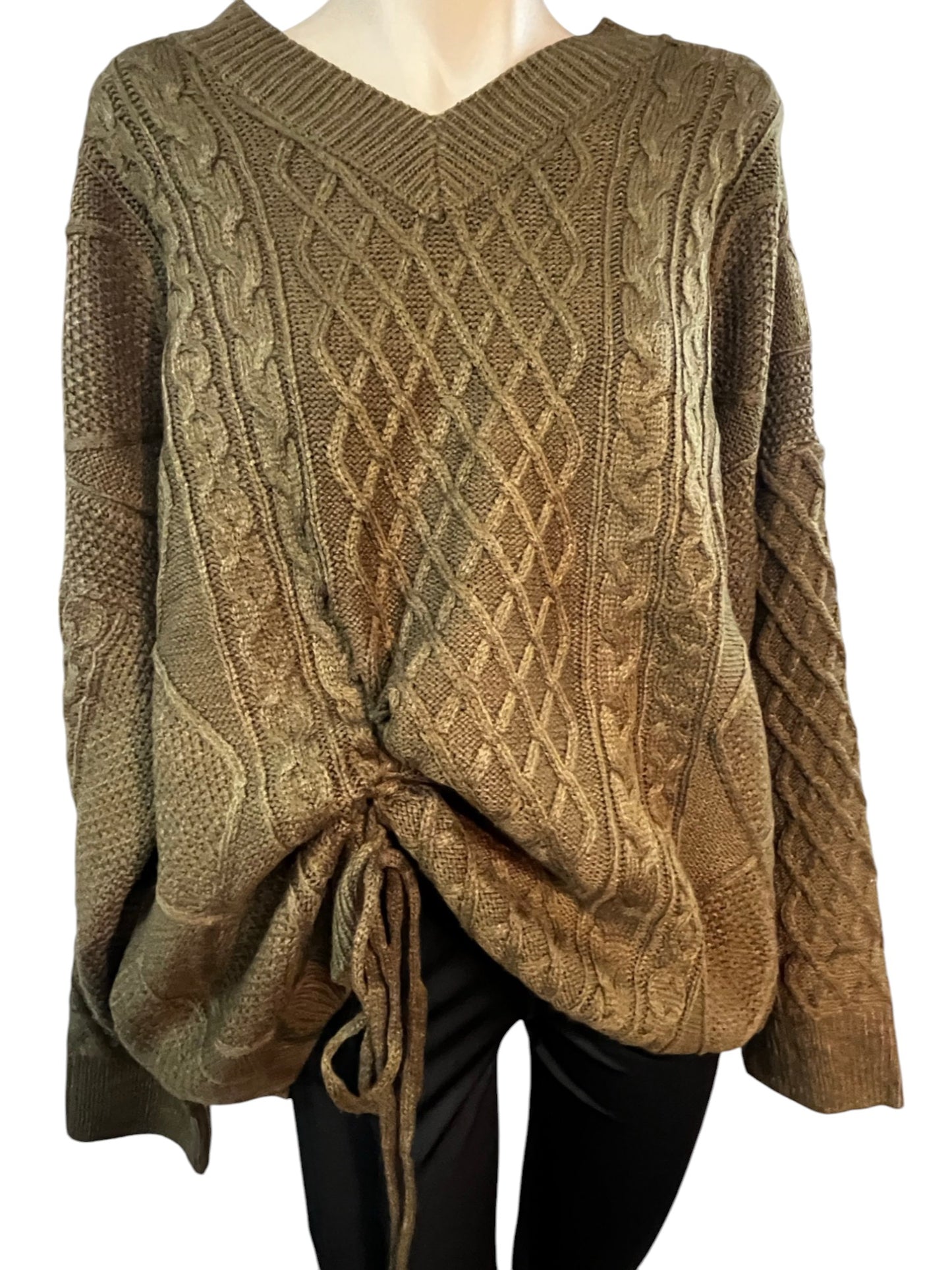 Knitted Jumper Acrylic Blend Clothes for Women – Olive Brown | Cable Knit Pattern | With Tie Bottom | Size Medium