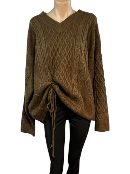 Knitted Jumper Acrylic Blend Clothes for Women – Olive Brown | Cable Knit Pattern | With Tie Bottom | Size Medium