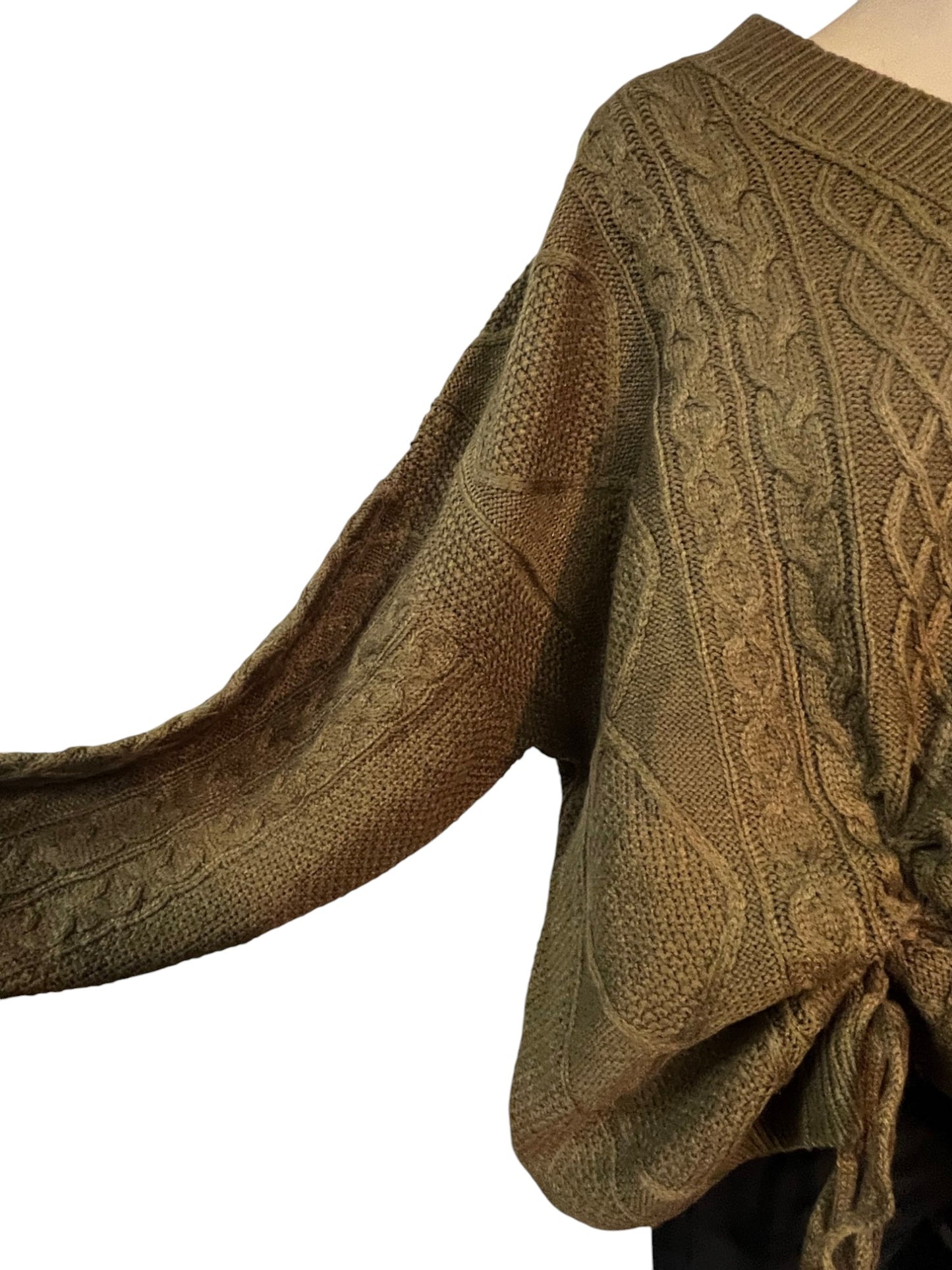 Knitted Jumper Acrylic Blend Clothes for Women – Olive Brown | Cable Knit Pattern | With Tie Bottom | Size Medium