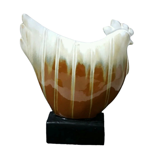 Chicken Figurine Ceramic Home Decor – White and Brown Glaze | Farmhouse Style | 28 x 25  x 7 cm